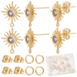 12Pcs Brass Micro Clear Cubic Zirconia Sun Stud Earring Findings, with Horizontal Loops & 12Pcs Ear Nuts & 50Pcs Jump Rings, Real 18K Gold Plated, 14.5x12.5mm, Hole: 1mm, Pin: 0.7mm