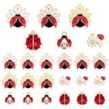 24Pcs 6 Style Alloy Enamel Pendants, with Crystal Rhinestone & ABS Plastic Imitation Pearl, Light Gold, Ladybird & Flower, Mixed Color, 13~22x11.5~21x3.5~7mm, Hole: 1.2~2mm, 4pcs/style