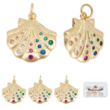 6Pcs Rack Plating Brass Micro Pave Colorful Cubic Zirconia Pendants, Cadmium Free & Nickel Free & Lead Free, Long-Lasting Plated, Shell, Real 18K Gold Plated, 16.5x16x2.5mm, Jump Ring: 5x0.5mm, Inner Diameter: 3.5mm