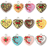 24Pcs 12 Styles Opaque Resin Imitation Food Pendants, Heart Shaped Cake Charm with Cherry, with Platinum Tone Iron Loops, Mixed Color, 15.5~18x15.5~18x8~9mm, Hole: 1.8~2mm, 2pcs/style