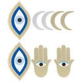 8Pcs 4 Style Metallic Thread Computerized Embroidery Cloth Iron On Patches, Stick On Patch, Costume Accessories, Appliques, Hamsa Hand & Evil Eye & Moon, Mixed Patterns, 80~127x48~150x1~1.5mm, 2pcs/style
