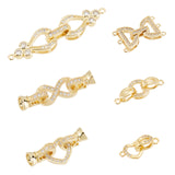 6Sets 6 Style Brass Micro Pave Clear Cubic Zirconia Fold Over Clasps, Mixed Shapes, Golden, 18~43mm, Hole: 1~1.2mm, 1set/style
