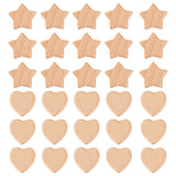 30Pcs 2 Styles Wood Beads, Undyed, Star & Heart Shape, Beige, 25.5x25x8mm and 28.5x29.5x8mm, Hole: 3mm, 15pcs/style