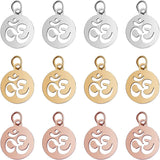 30Pcs 3 Colors 304 304 Stainless Steel Pendants, Flat Round with Aum/Om Symbol, Mixed Color, 14x12x1.1mm, Hole: 3mm, 10pcs/color