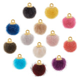 Faux Mink Fur Covered Pendants, with Golden Tone Brass Findings, Round, Mixed Color, 14x10mm, Hole: 1.5mm, 13 Colors, 10pcs/color, 130pcs/box