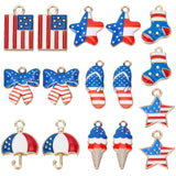 32Pcs 8 Style Independence Day Rack Plating Alloy Enamel Pendants, Light Gold, Star & Bowknot & Rectangle, Mixed Color, 17~22.5x8.5~16x1.5~2.5mm, Hole: 1.4~2mm, 4pcs/style