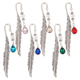 Glass Teardrop Birthstone Pendant Bookmarks, Alloy Feather Bookmark, Mixed Color, 115mm, 6 colors, 1pc/color, 6pcs/set