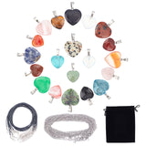DIY Heart Pendant Necklaces Making Kits, Including Gemstone Pendants, Waxed Cotton Cord Necklace Making, 304 Stainless Steel Women Chain Necklaces, Pendants: 17~22x15~21x5~8mm, Hole: 2x7mm, 20pcs/set