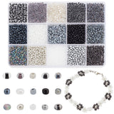 195G 15 Styles Glass Seed Beads, Trans. Colours Lustered & Transparent Colours Rainbow & Metallic & Silver Lined & Ceylon & Baking Paint, Round, Black, 3~4mm, Hole: 0.8~1mm, 13g/style