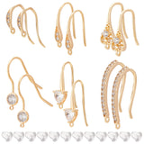 12Pcs 6 Styles Brass Cubic Zirconia Earring Hooks, with Horizontal Loops, with 50Pcs Plastic Ear Nuts, Real 18K Gold Plated, 15~22x2~13x2~3mm, Hole: 1~2mm, Pin: 0.7~1mm, 2Pcs/style