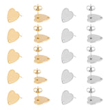 20Pcs 2 Colors Ion Plating(IP) 304 Stainless Steel Stud Earring Findings, with Ear Nuts/Earring Backs and Hole, Heart Shape, Golden & Stainless Steel Color, 12x13x1mm, Pin: 0.8mm, 10pcs/color