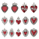 14Pcs 7 Style Alloy Enamel Pendants, Antique Silver, Heart & Sacred Heart Charm, FireBrick, 29.5~64x20~42.5x3~5mm, Hole: 1.5~3mm, 2pcs/style