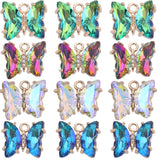 32Pcs 4 Colors Brass with Glass Charms, with Crystal Rhinestone, Butterfly, Mixed Color, 10x12x4mm, Hole: 1.2mm, 8pcs/color
