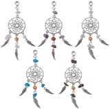 Alloy European Dangle Charms, Woven Net/Web with Feather, Large Hole Pendants, with Mixed Gemstone, Antique Silver, 96mm, Hole: 5mm