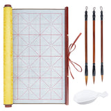 1Pc Chinese Calligraphy Brush Water Writing Magic Cloth Roll, with 1Pc Spoon Shape Ink Tray Containers and 3Pcs 3 Styles Brushes Pen, Mixed Color, 96~395x41~44x20~26mm