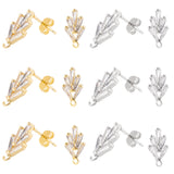 6 Pairs 2 Colors Brass Micro Pave Cubic Zirconia Stud Earring Findings with Loops, with 20Pcs Iron & 20Pcs Plastic Ear Nuts, Grass, Platinum & Golden, 14.2x7.5mm, Hole: 1mm, Pin: 0.8mm, 3 pairs/color