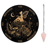 1Pc Wood Pendulum Board, 1Pc 304 Stainless Steel Cable Chain Necklaces, 1Pc Natural Rose Quartz Stone Pendants, for Witchcraft Wiccan Altar Supplies, Fairy Pattern, Board: 200x4mm