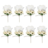 8Pcs Cloth Rose Flower Boutonniere Brooch with Rhinestone, Iron Lapel Pin for Wedding Party, Linen, 110x57x43mm, Pin: 0.7mm.