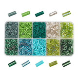 10 Style Glass Bugle Beads, Round Bugle, Transparent & Opaque & Silver Lined & Baking Paint & Pearl Luster Plated, Green, 6~8x1.5~2mm, Hole: 0.5~0.8mm