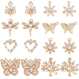 16Pcs 8 Style Brass Micro Pave Cubic Zirconia Pendants, Light Gold, Long-Lasting Plated, Cadmium Free & Lead Free, Butterfly/Heart/Leaf Charm, Clear, 13.5~18.5x11~20x2.5~4mm, Hole: 1~1.6mm, 2pcs/style