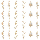 24Pcs 6 Styles Brass Clear Cubic Zirconia Connector Charms, Branch and Leaf Mixed Shapes, Light Gold, 13~23x5~10x2~3mm, Hole: 1~1.5mm, 4pcs/style