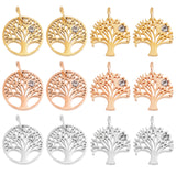 12Pcs 2 Style 3 Colors 316 Surgical Stainless Steel Pendants, with Cubic Zirconia, Tree & Flat Round with Tree, Mixed Color, 12x12x2mm, Hole: 3mm, 2pcs/color