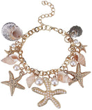 Trendy Charm Bracelets, with Conch, CCB Plastic and Rhinestone Starfish, Glass Pearl Pendants, Iron & Brass Findings and Cardboard Jewelry Set Boxes, Golden, 7-3/8 inch(18.7cm)