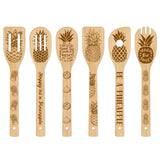 6Pcs Bamboo Spoons & Knifes & Forks, Flatware for Dessert, Pineapple Pattern, 60x300mm, 6 style, 1pc/style, 6pcs/set