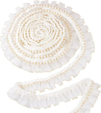 Polyester Ruffles Ribbon, with Plastic Imitation Pearl, White, 1-1/2 inch(38mm), Bead: 7mm in diameter, 4 yards/bundle
