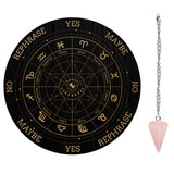 1Pc Cone/Spike/Pendulum Natural Rose Quartz Stone Pendants, 1Pc 304 Stainless Steel Cable Chain Necklaces, 1Pc PVC Custom Pendulum Board, Dowsing Divination Board, Constellation Pattern, Board: 200x4mm