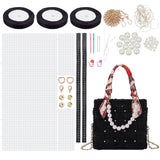 DIY Ribbon Knitting Women's Handbag Kits, including Plastic Mesh Canvas Sheets, Shoulder Strap, Bag Handle, Magnetic Clasp, Wax Cord, Needle, Screw, Ribbon, Black, 1.75~24.6x1.2~40x0.05~1.8cm