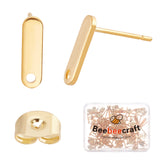 60Pcs 201 Stainless Steel Stud Earring Findings, with Hole & 304 Stainless Steel Pins & Ear Nuts, Rectangle, Real 24K Gold Plated, 12x3.5mm, Hole: 1.4mm, Pin: 0.8mm