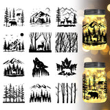 12 Style Silhouette Paper, for Lighting Decoration, Paper Cut Light Box, Rectangle, Mountain & Forest, 90x100mm, 12pcs/set