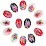 24Pcs 6 Colors Printed & Spray Painted Opaque Glass Beads, Oval with Floral Pattern, Mixed Color, 15x10mm, Hole: 1.6mm, 4pcs/color