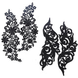 Lace Embroidery Sewing Fiber, DIY Garment Accessories, Flower, Black, 250x145mm, 290x130mm, 2pairs/set