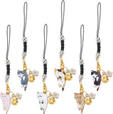 6Pcs Alloy Enamel Cat Pendants Decoration, with Zinc Alloy Lobster Claw Clasps, Iron Bell Charms and Nylon Cord Loops, Japanese Bobtail, Mixed Color, 107mm