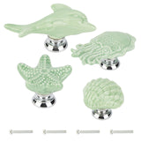 Porcelain Drawer Knobs, with Zinc Alloy Finding and Iron Screw, for Home, Cabinet, Cupboard and Dresser, Mixed Shapes, Sea Green, 4sets/bag