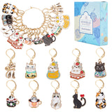 20Pcs 10 Style Alloy Enamel Cat Charm Locking Stitch Markers, with Gold Tone 304 Stainless Steel Clasp Stitch Markers, Mixed Color, 3.3~4.5cm, 2pcs/style