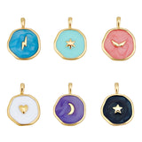 Brass Enamel Pendants, Flat Round with Mixed Pattern, Golden, Mixed Color, 18~18.5x13~14x2~2.5mm, Hole: 3.5x2mm, 6pcs/box