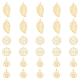 30Pcs 3 Style 304 Stainless Steel Pendants, Filigree Finding, Textured, Flat Round & Leaf & Teardrop, Golden, 20~33.5x15~19x0.5~1.2mm, Hole: 1~2mm, 10pcs/style