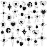 32pcs 16 Styles Alloy Enamel Pendants, Platinum, Mixed Shapes, Black, 11.2~31.2x9~23.5mm, Hole: 1.5~2.7mm, 2pcs/style