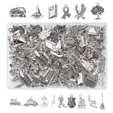 150Pcs 15 Style Tibetan Style Alloy Pendants for Teachers' Day, Scarf & Snake & Owl & Train & Car & Lightning Bolt & Witch Hat & Castle & Book & Frog & Bird in Cage & Tree of Life, Antique Silver, 10pcs/style