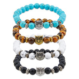 4Pcs 4 Styles Natural & Synthetic Mixed Gemstone & Glass & Alloy Owl Beaded Stretch Bracelets Set for Women, Inner Diameter: 2-1/8 inch(5.3cm), 1Pc/style
