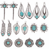 16Pcs 8 Style Tibetan Style Alloy Big Pendants, with Synthetic Turquoise, Autumn Pendants, Dragonfly & Leaf & Flower, Antique Silver, 34~66.8x15.5~32x6~8.5mm, Hole: 1.6~2.5mm, 2pcs/style