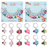 12Pcs 6 Style Handmade Polymer Clay Dessert Charm Locking Stitch Markers, Stainless Steel Color Tone 304 Stainless Steel Clasp Locking Stitch Marker, Mixed Color, 2.6~2.9cm, 2pcs/style