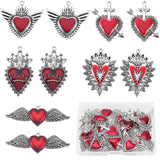 20Pcs 5 Styles Gothic Style Heart Alloy Red Enamel Pendant Sets, Including Pendants and Pendant Rhinestone Settings, Antique Silver, 18~46.5x26~52.5x3~4mm, Hole: 2mm, 4pcs/style