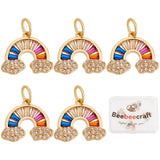 Brass Micro Pave Colorful Cubic Zirconia Pendants, with Jump Ring, Rainbow, Real 18K Gold Plated, 11.5x14x2mm, Hole: 3.5mm, 5pcs/box