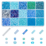 197G 14 Style Glass Round Seed & Bugle Beads, Silver Lined & Lustered & Rainbow & Opaque & Transparent, Blue, 3~8mm, Hole: 0.5~1mm