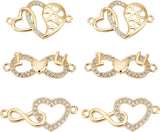6Pcs 3 Style Brass Micro Pave Clear Cubic Zirconia Links Connectors, Connector Charms, Heart, Real 18K Gold Plated, 8.5x23x2mm, 2pcs/style