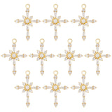 10Pcs Brass Clear Cubic Zirconia Pendants, Religion Cross Charm, Real 18K Gold Plated, 25x18x3mm, Hole: 1.6mm